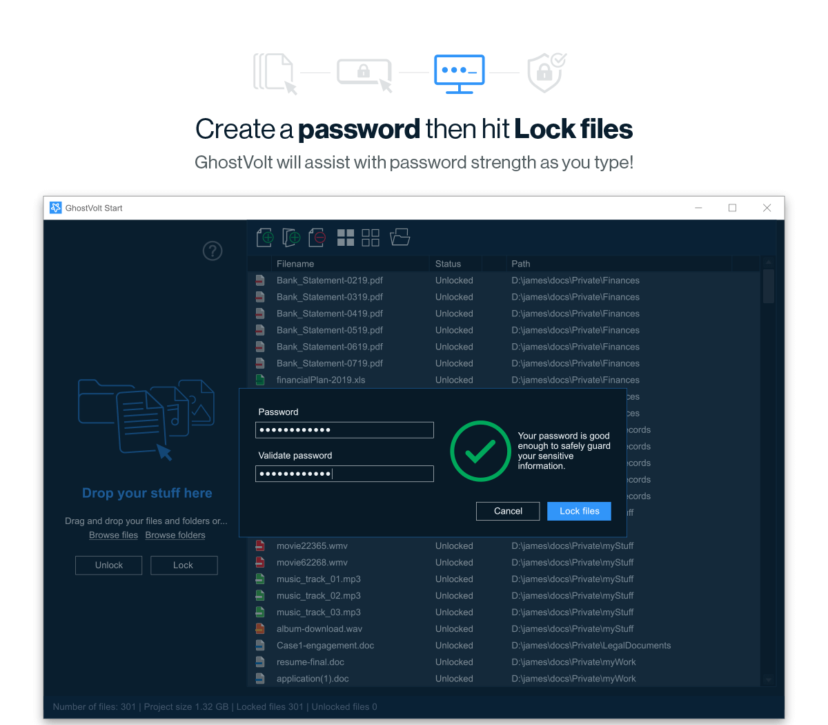 Creating a password to lock files.