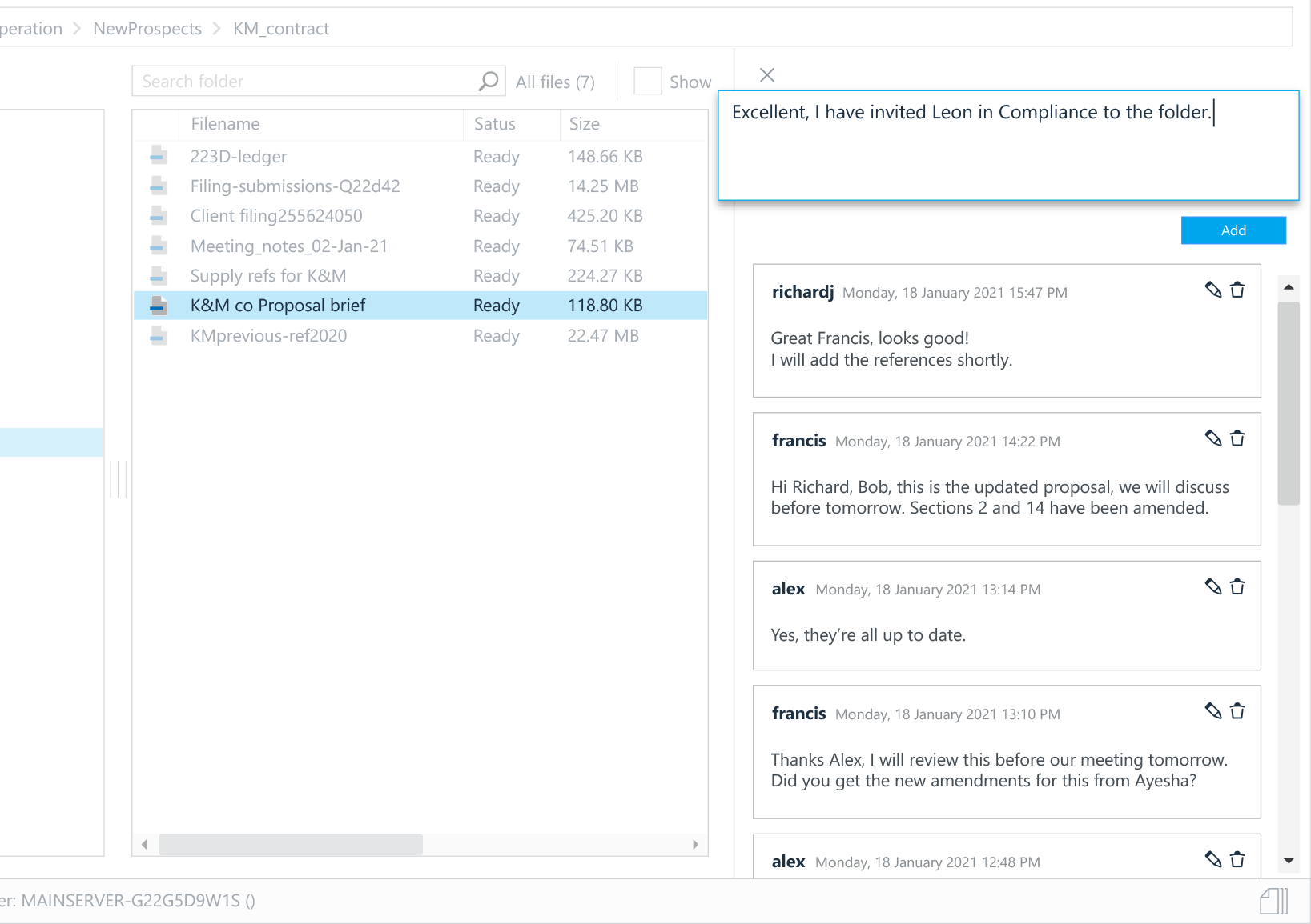 Adding comments to files that can be shared with other users to create a conversation thread.