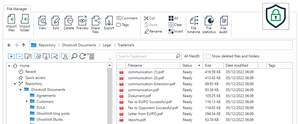 User audit history screen listing every action in a date range, with the option to output to PDF or excel in one click.