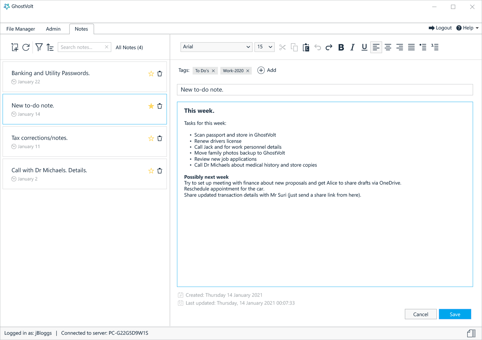 Creating a secure note than can be shared with other users
