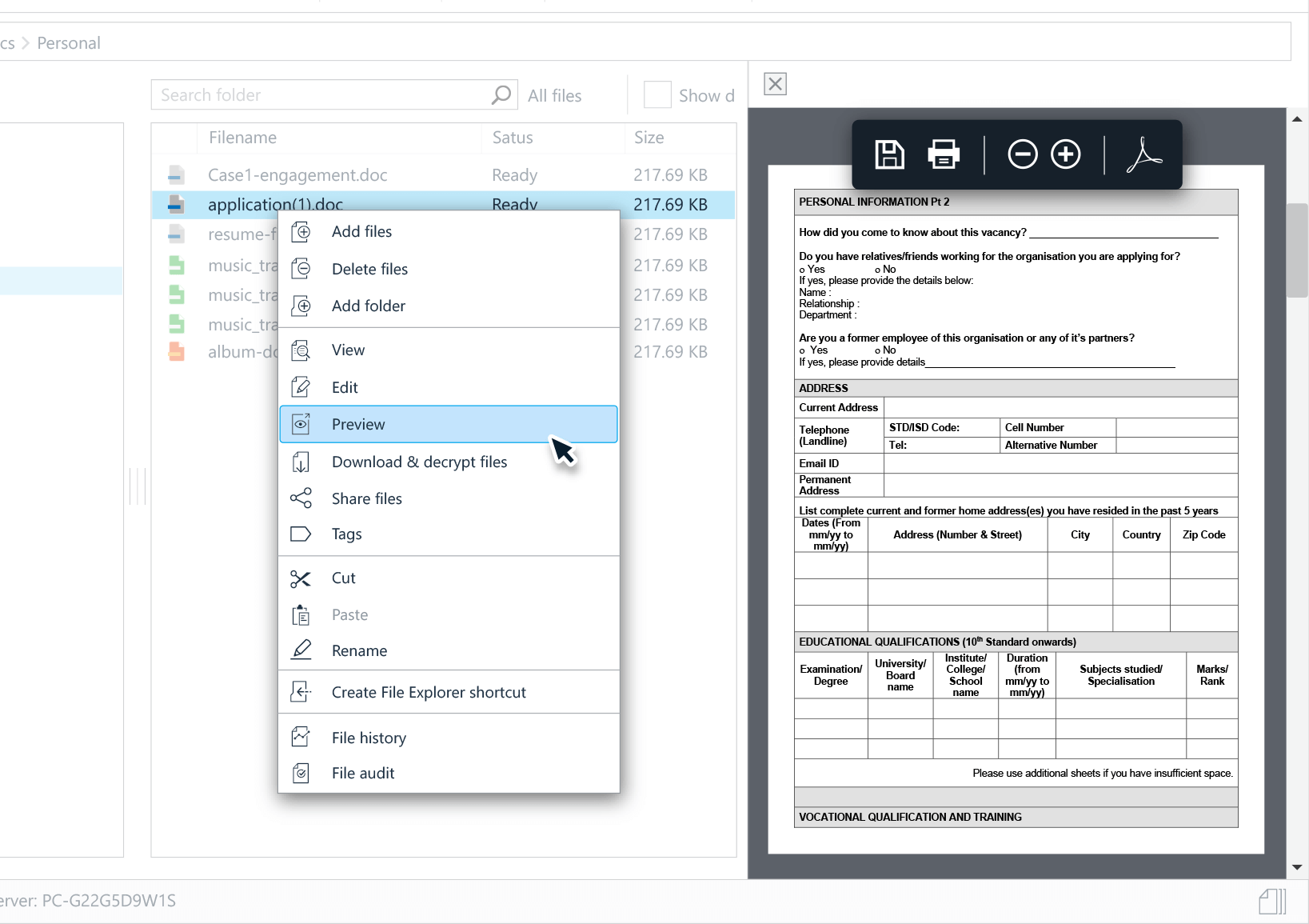 Viewing your files in the File Manager quick preview.