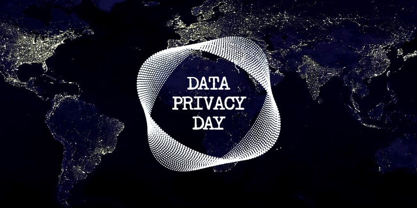 Data Privacy Day logo with background image of the globe at night, highlighting areas of electrical and data activity.