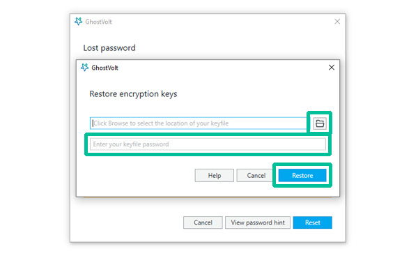 Restore Encryption Keys window with browse to Keyfile and Keyfile password input.