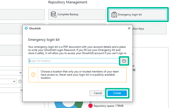 The Emergency Login Kit window in Admin.