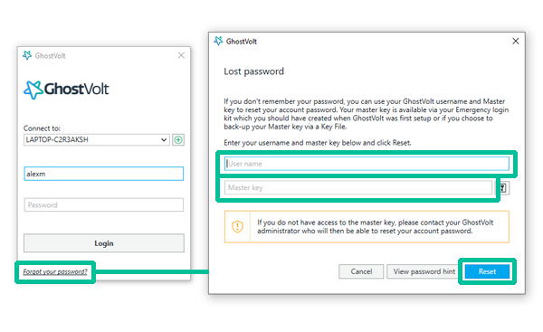 Username and Master Encryption Key fields in the Lost Password window.