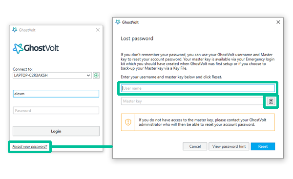 Username field and Keyfile import button in the Lost Password window.