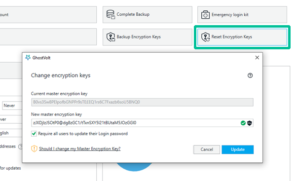 Reset Encryption Keys button in the Admin window.