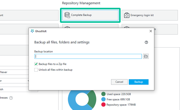 The Complete Backup window in Admin.