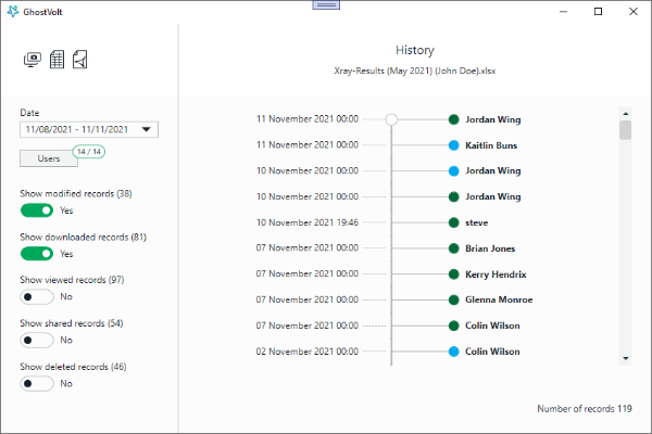 The File History window with options to sort, search and filter by date range.