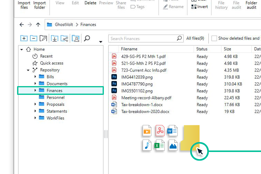 Select your folder and drag and drop files into the main file manager window.