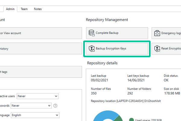 Backup Encryption Keys button in the Admin window.