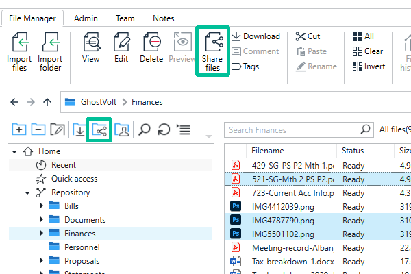Click Share Files in the main ribbon or Share Folder in the folder view toolbar.