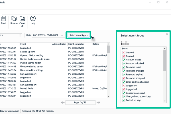 Filter user history by event type using checkboxes.