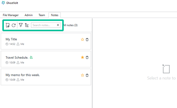 Add, refresh, filter, sort and search notes in the toolbar.