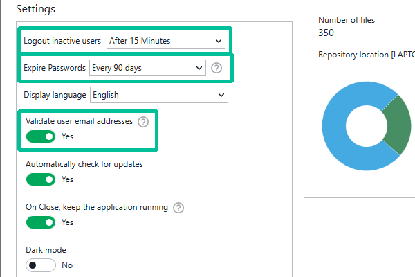 User management settings in the Admin window.