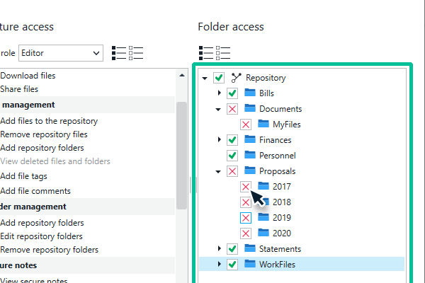 Folder access checkboxes.