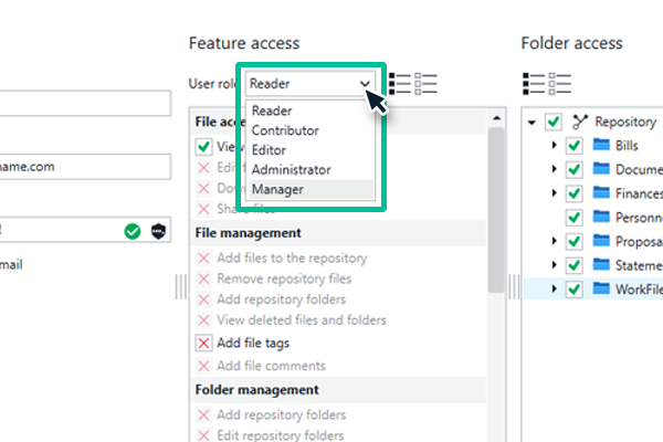 User roles dropdown menu.