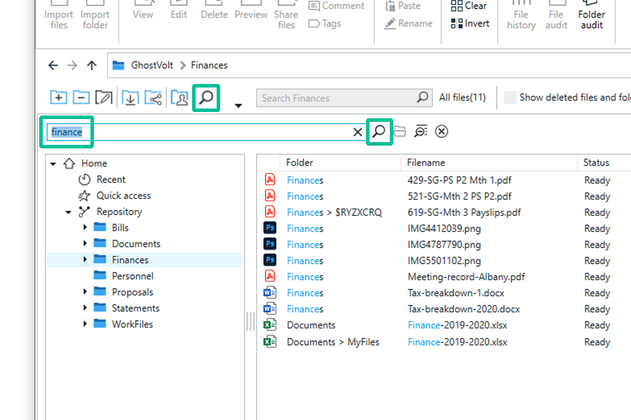 Global search. Use the search icon in the folder view toolbar.