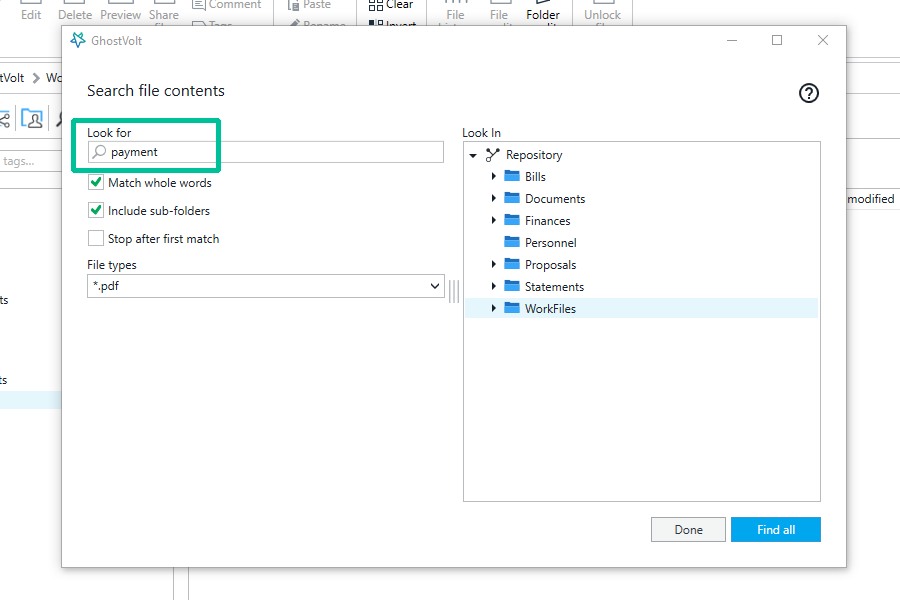Search file contents window. Enter a search term, choose folders and specify file types.